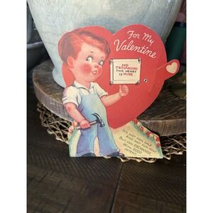 VTG Boy Shop Carpenter Mechanical Valentine Signed Pencil Red Heart Trading Card